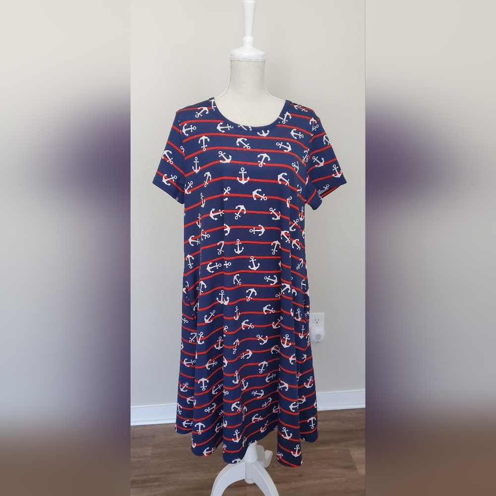 LuLaRoe Carly Nautical Navy Dress with Anchor Pattern Size XL